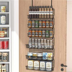 6 Tier Spice Rack Organizer Wall Mounted Over Door Kitchen Pantry Storage Black